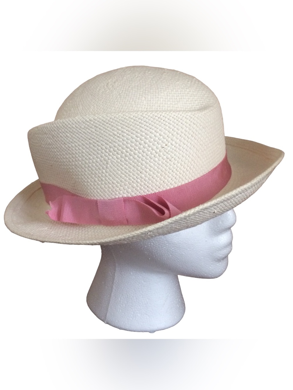 Eaton Cream Straw cloche-style/ Panama Hat with Pink Ribbon trim 21 1/2” - Picture 8 of 9
